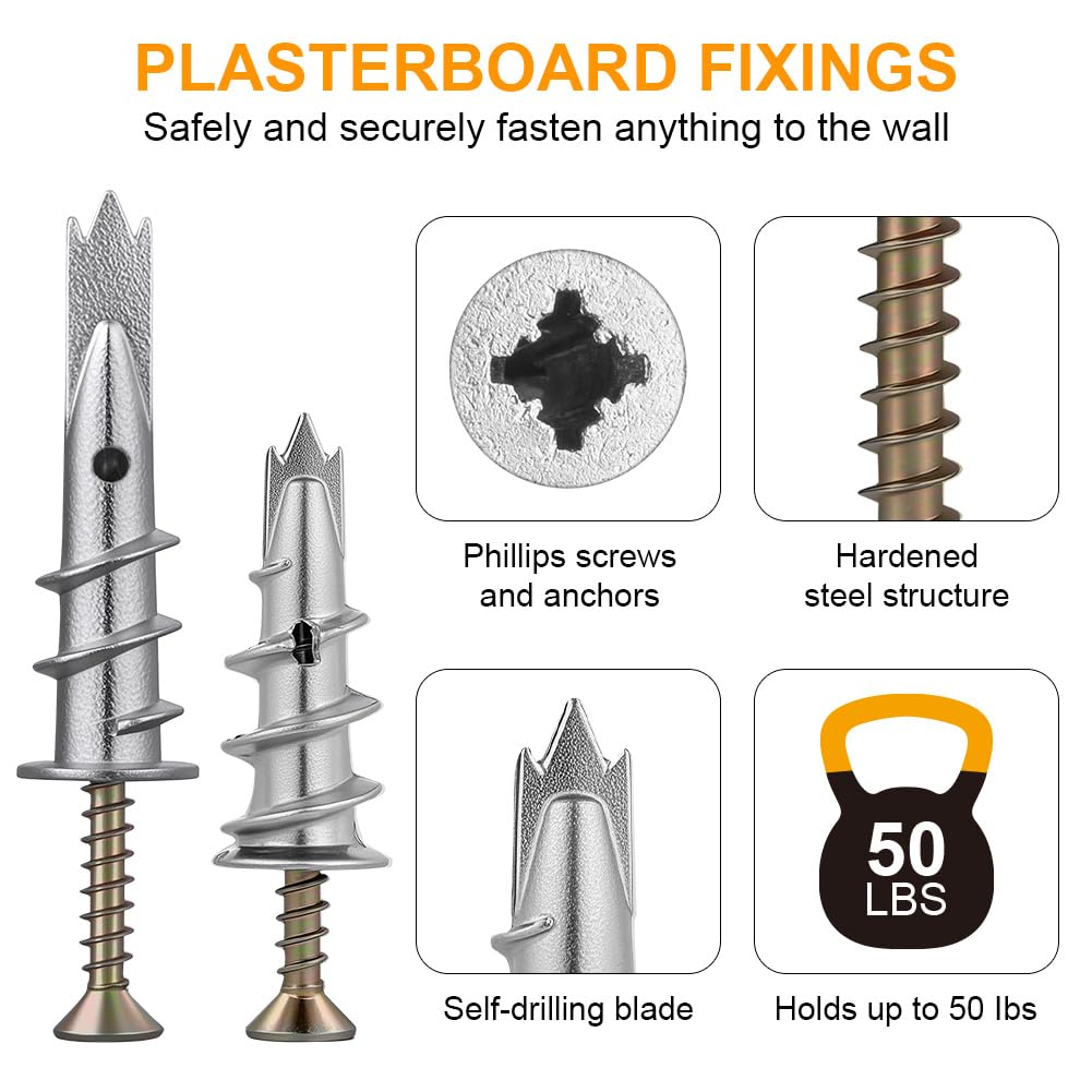 vsshe Plasterboard Fixings 80 PCS, Metal Wall Plugs and Screws, Heavy Duty Gold Cavity Original Plugs - Image 3