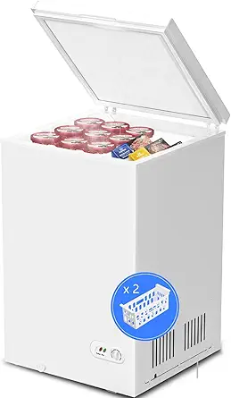 Kismile 3.5 Cubic Feet Chest Freezer with 2 Removable Baskets Free Standing Top Open Door Small Deep Freezer with Adjustable Temperature for Home/Kitchen/Office/Bar (3.5 Cubic Feet, White)