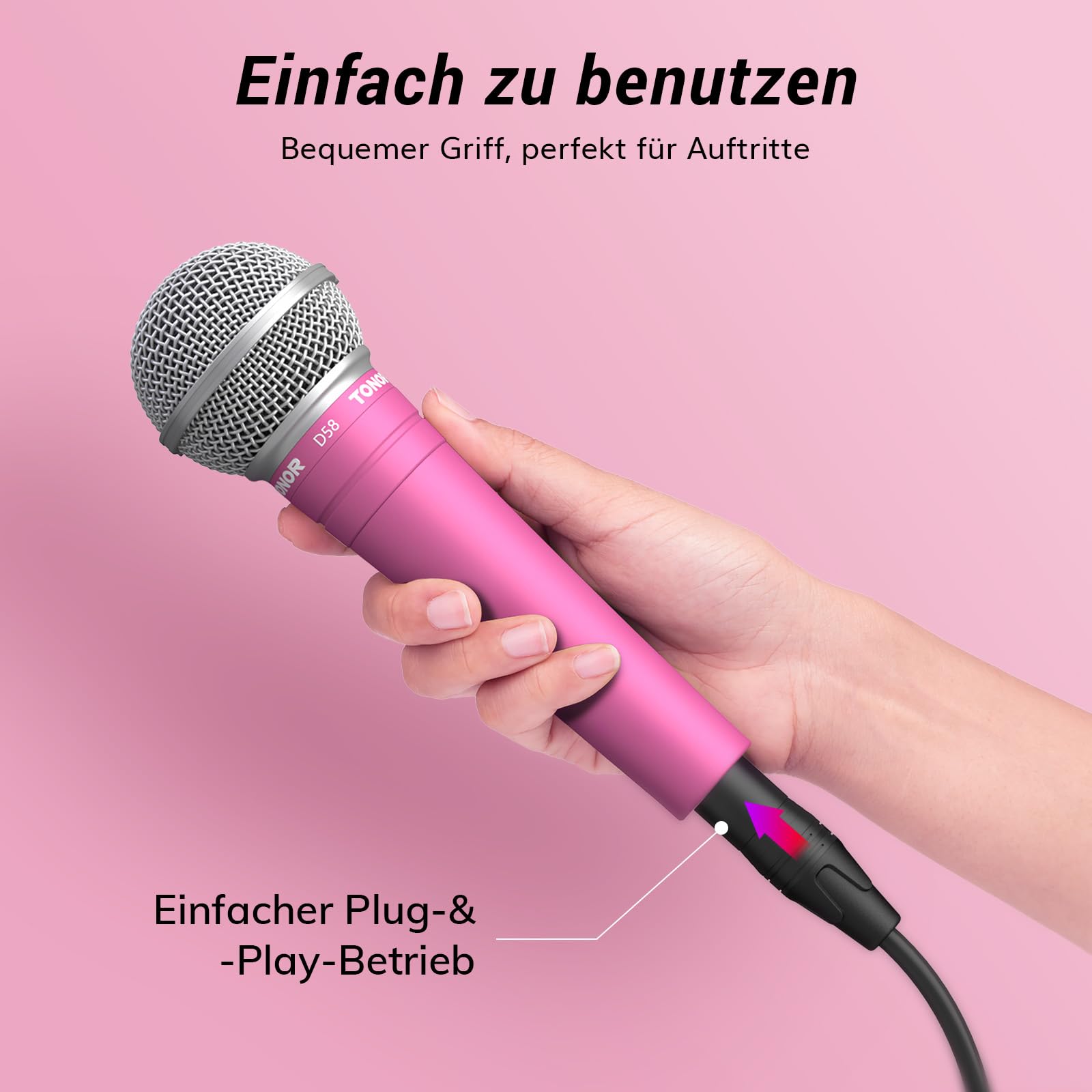 TONOR Dynamisches Gesangsmikrofon mit integriertem Poppfilter, XLR Mikrofon Handheld Microphone mit Rauschunterdrückung, 6,35 mm XLR-Ausgang für Gesang Bühne Aufnahme Karaoke Maschine, D58 Rosa