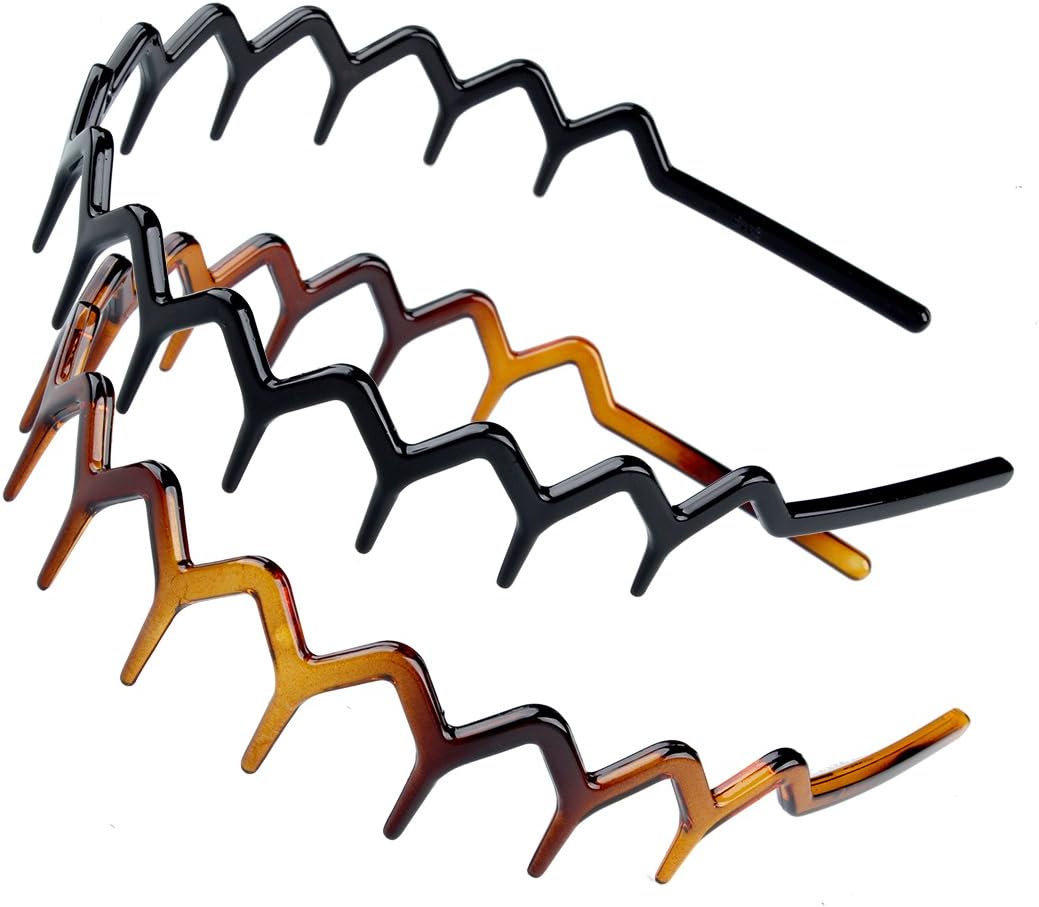 Zig Zag Headbands, Recycled Plastic Wavy Hair Band with Teeth, Headbands for Women and Men, Classic 90s Hair Accessories, (1 Black Color+1 Brown)