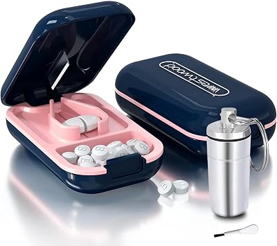 Pill Cutter | Best Cutter for Small or Large Pills |with Safety Lock Buckle Design in The USA| Cuts Vitamins | Pill Splitter Detachable Silicone pad Easy to wash with Crystal Pill Box Navy