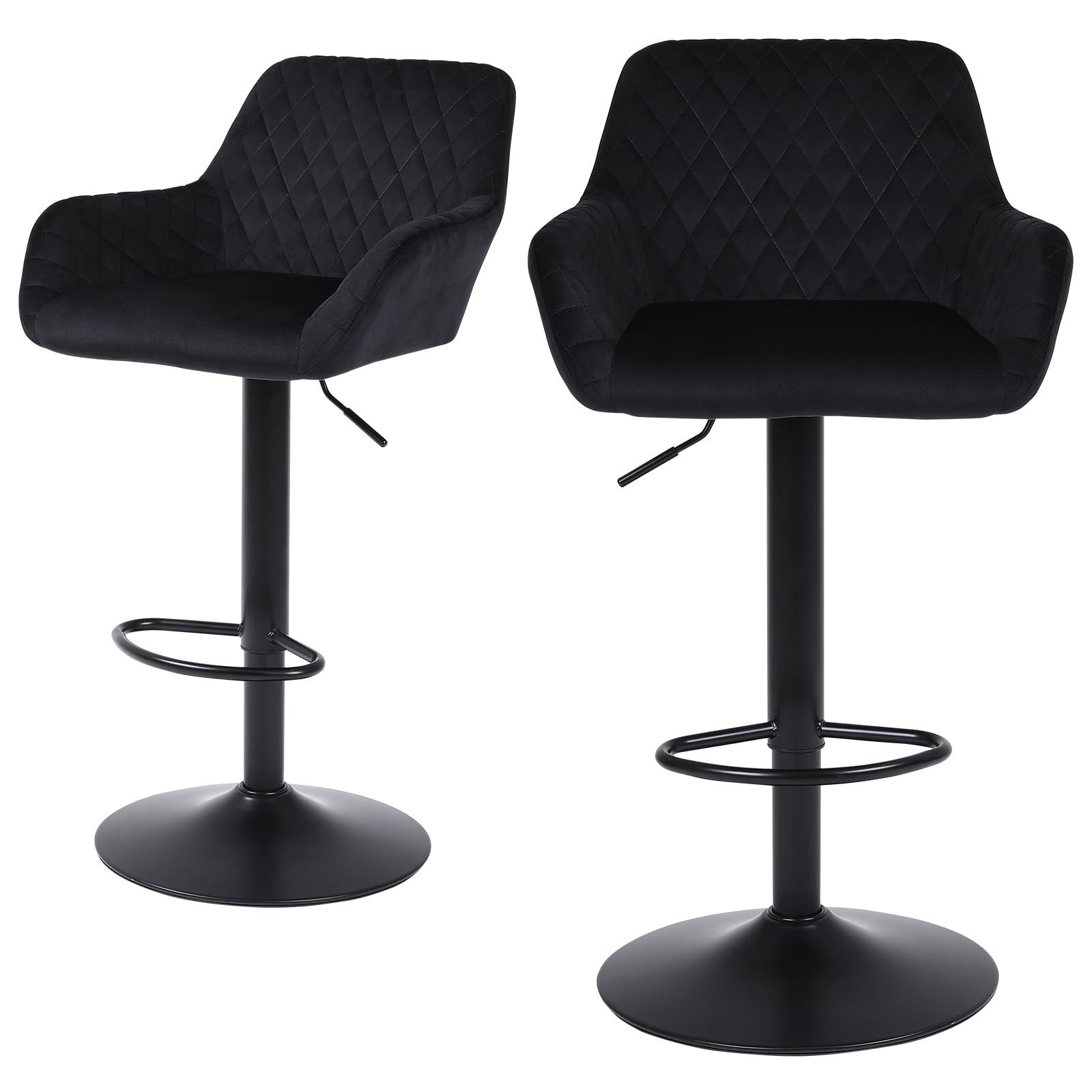 ralex-chair Bar Stools Set of 2, Height Adjustable Velvet Fabric Swivel Barstool Bar Chairs, Breakfast Dining Stools With Backrest and Armrest for Bar, Counter and Kitchen,Black — image 1
