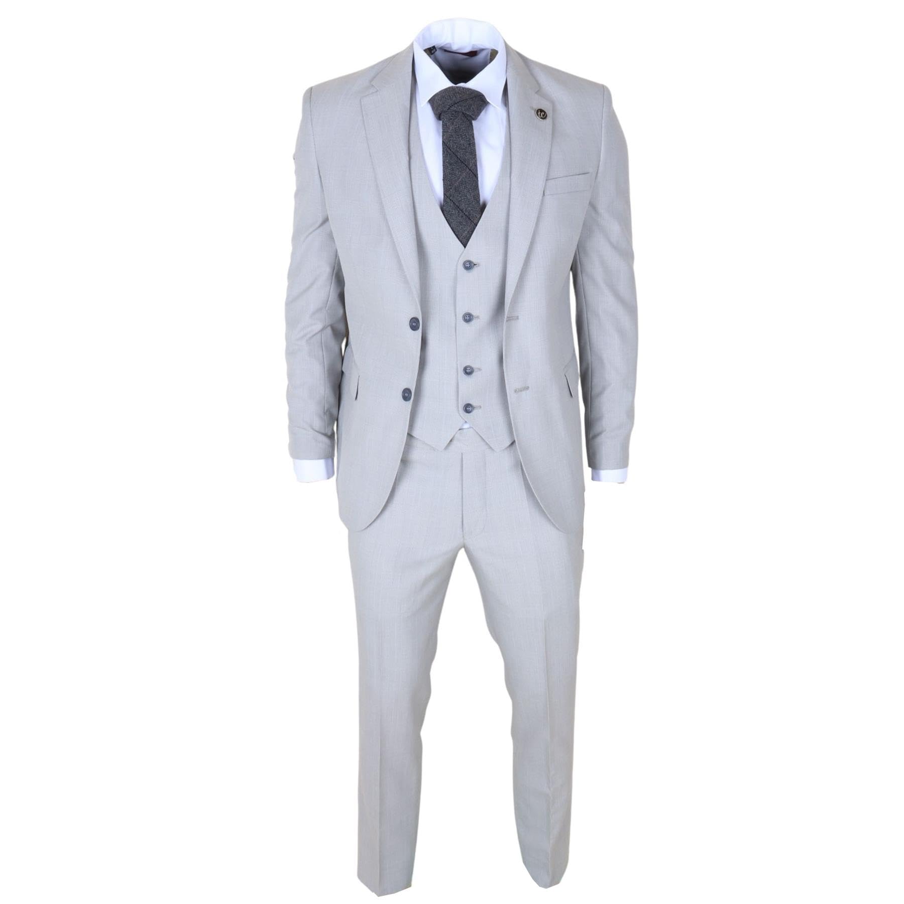 Truclothing Men's Grey 3 Piece Check Suit Tailored Fit Wedding Prom Formal Classic Prince Of Wales - 38