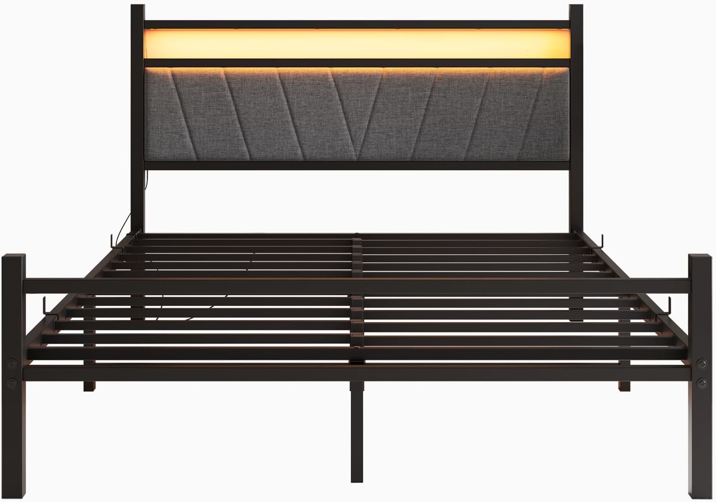 Full Size Bed Frame with Upholstered Headboard and Charging Station, LED Lights Bed Frames with Under Bed Storage,Solid and Stable, Noise Free, No Box Spring Needed, Easy Assembly,Grey