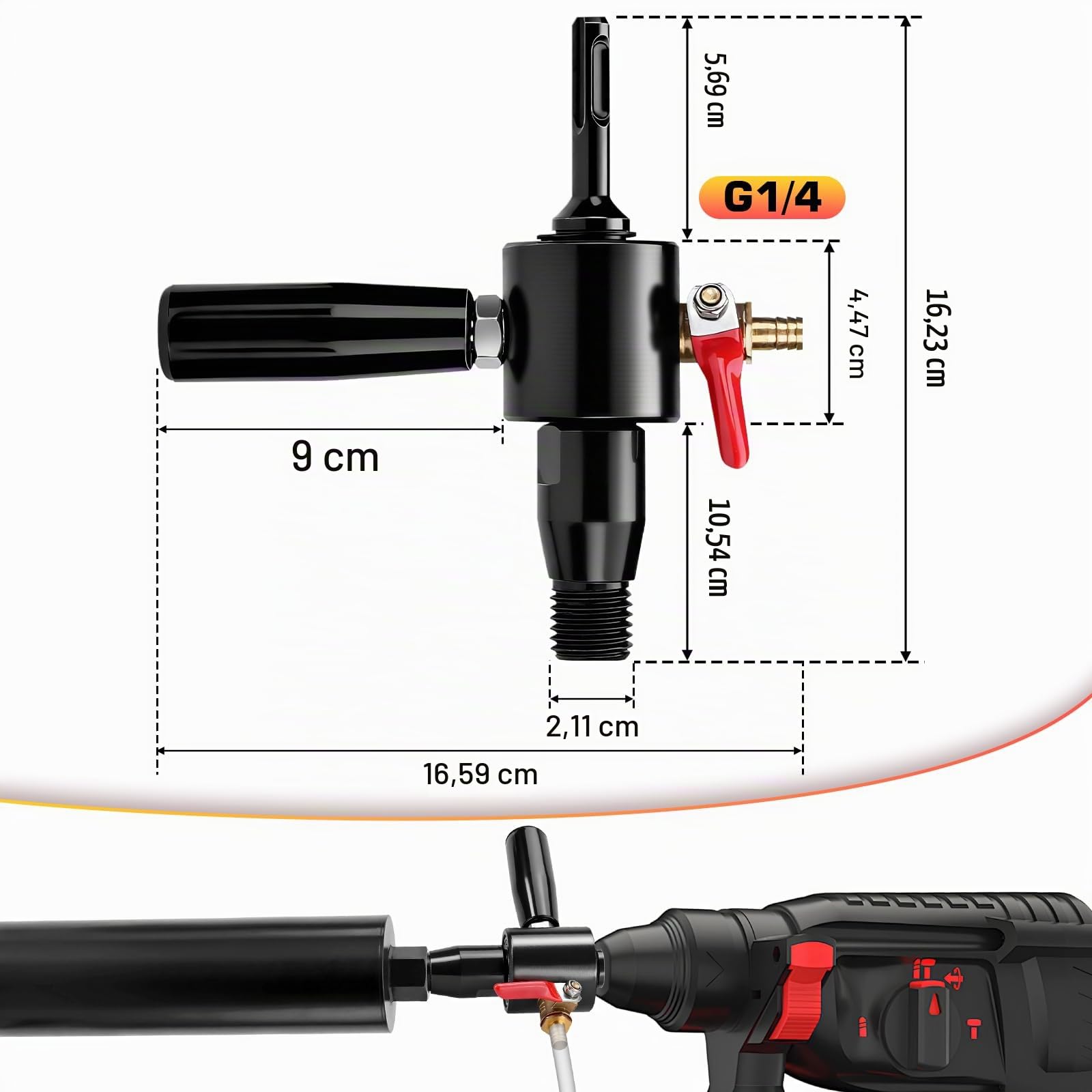 Adaptateur SDS PLUS avec conduite d'eau de 4 m + pompe à eau, adaptateur 1 1/4" UNC vers SDS Plus avec raccord d'eau de rinçage intégré, adaptateur de couronne de forage pour carotteuse, couronne de