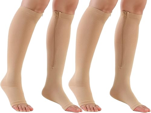 2 pares de calcetines de compresión con cremallera médica de 15-20 mmHg con punta abierta para mujeres y hombres, medias de compresión hasta la