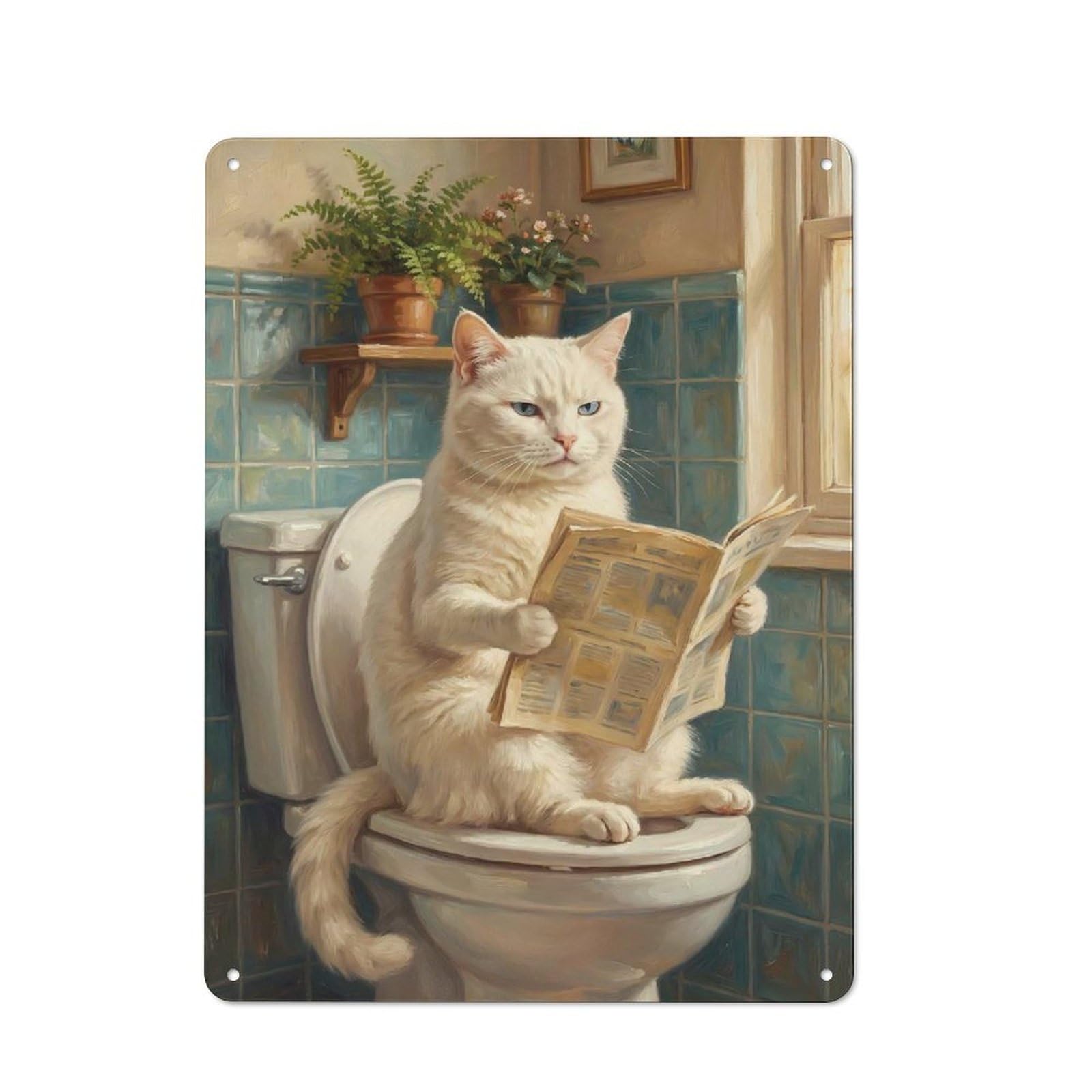Junmoney Style-11 Metal Wall Sign 40X30cm Featuring White Cat Reading Newspaper On Toilet For Café Or Home Bar, For Collectors Decorating Cafés And Home Bars