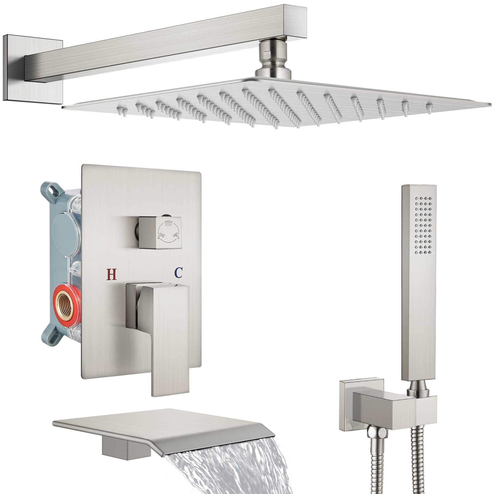 Système de Douche à Effet Pluie de 30 cm (12 Pouces) en Nickel brossé Assorti au Robinet de lavabo monocommande en Nickel brossé