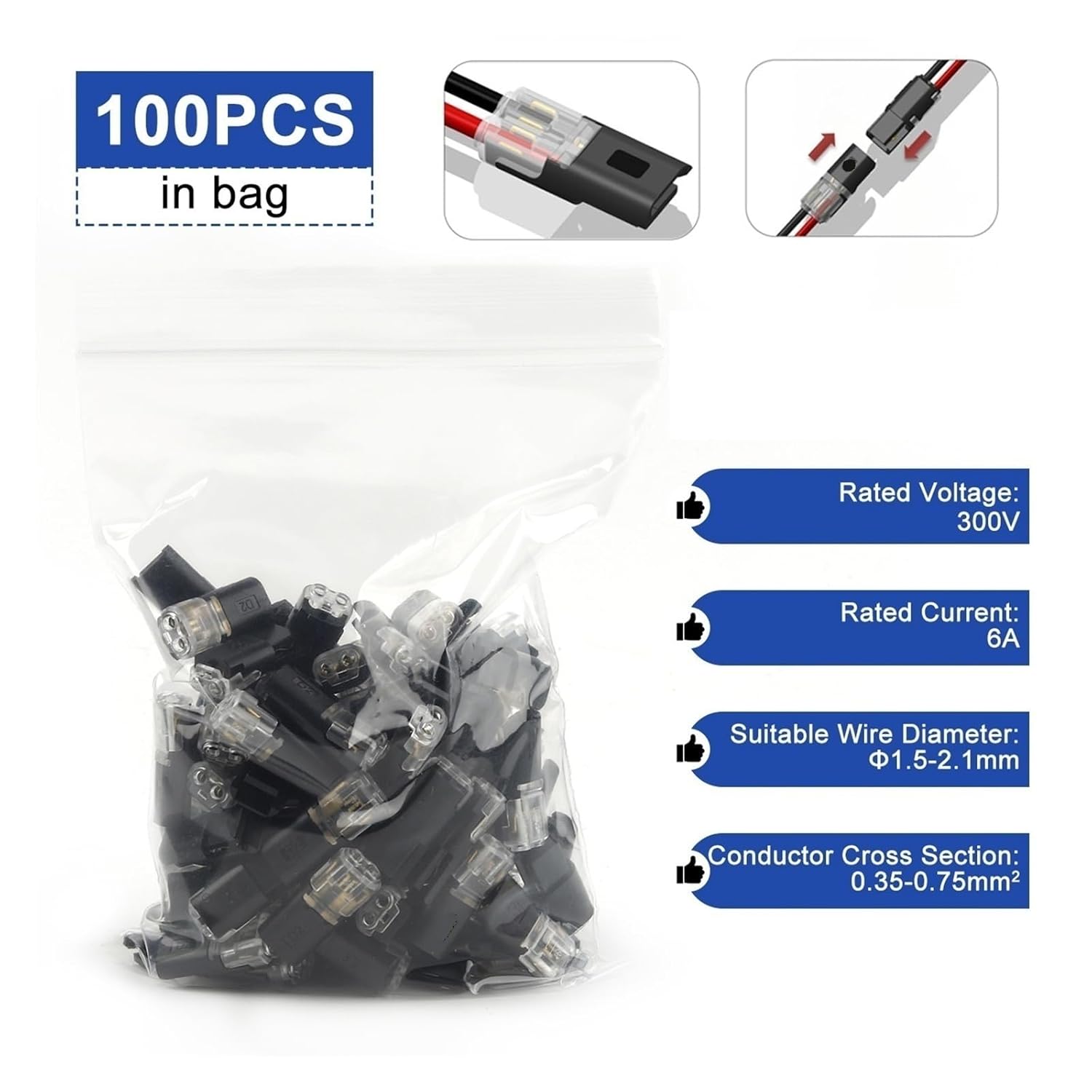 Universal Compact Wiring Splicing Conector 20/50/100PCS/Bag Electrical Wire Connector 2 Pin Strip Terminal Block Connection Car Wire Cable Automotive(100PCS in Bag)