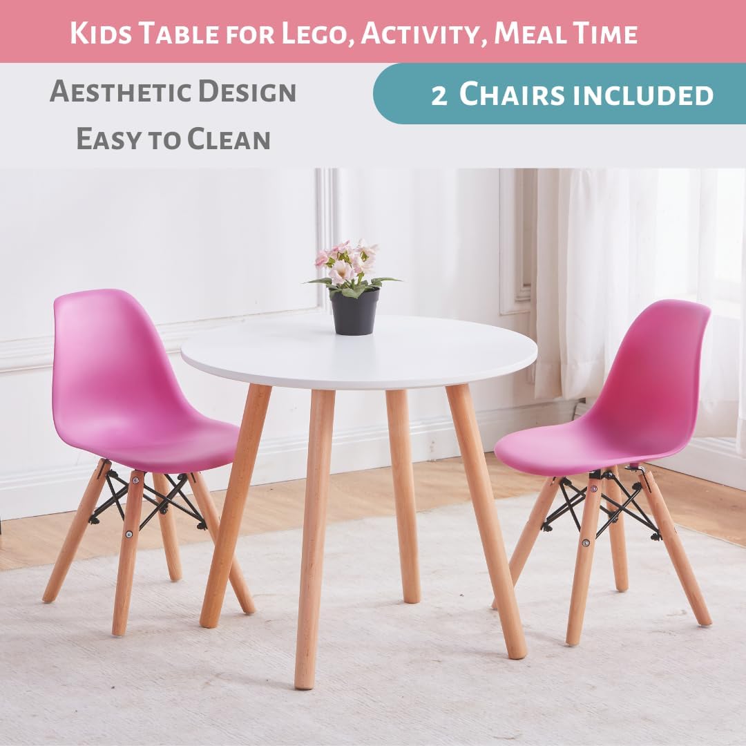 Kids Table and Chair Set, Hot Pink Toddler Table and Chair Set, Round Child Desk and Chairs (Table and 2 Hot Pink Chairs)