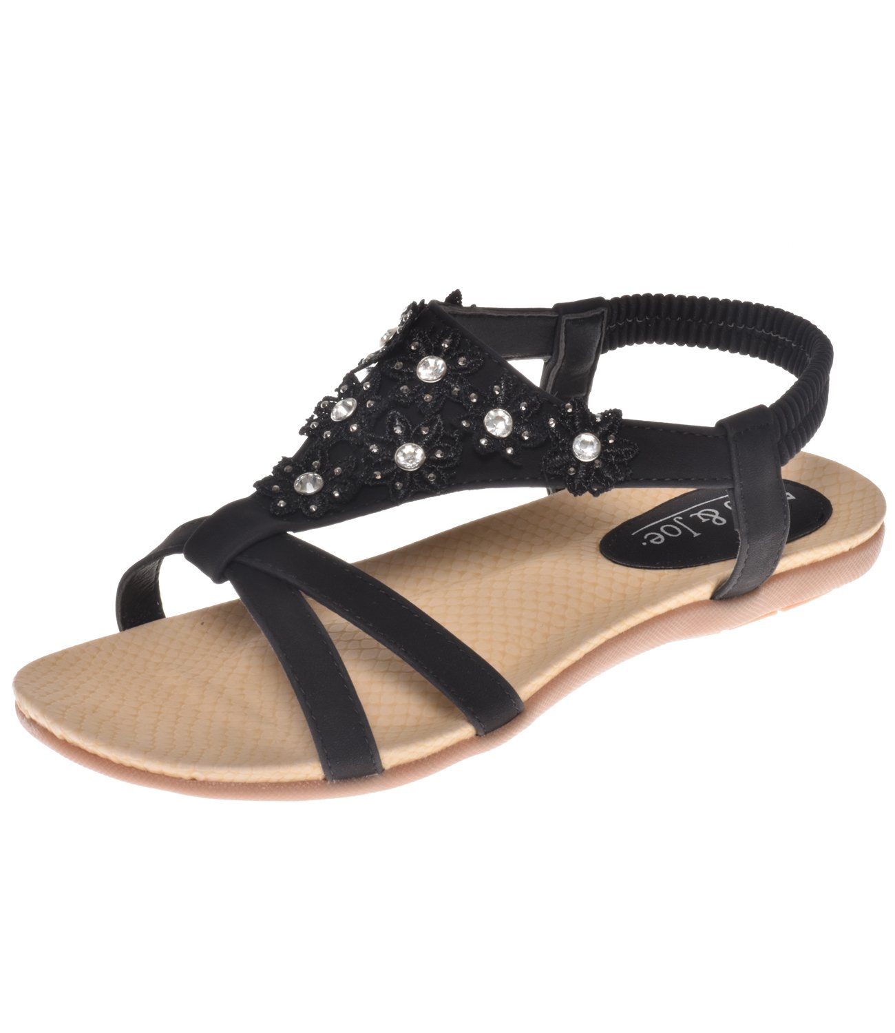 Jo & JoeLadies Faux Leather Peep Toe Sling Back T-Bar Flower Fashion Flat Diamante Flip Flop Sandals Size 3-8