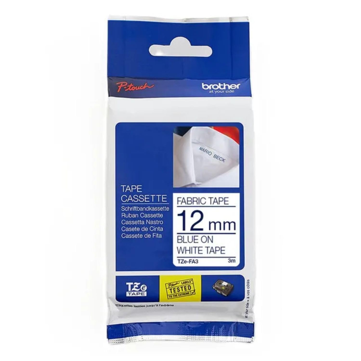 Brother TZeFA3 - Cinta textil, Longitud: 3 m, Para rotuladoras Ptouch (PT), Texto azul sobre fondo Blanco, Ancho: 12 mm