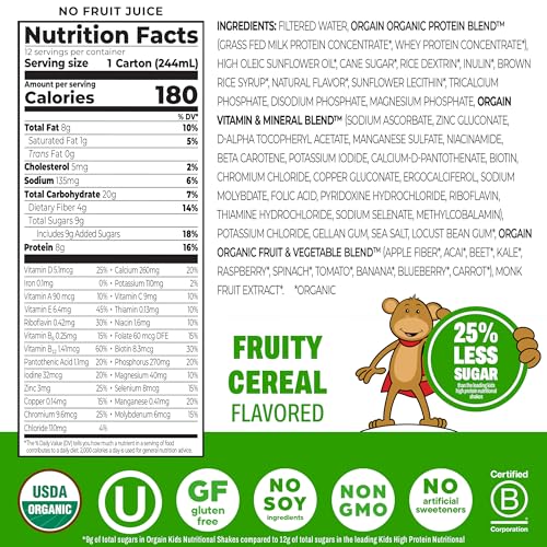 Image of Orgain Organic Kids Nutritional Dairy Protein Shakes, Fruity Cereal, Healthy Kids Snacks, 8g Grass-Fed Protein, 3g Fiber, 22 Vitamins & Minerals, No Soy Ingredients, Non-GMO, 8.25 Fl Oz, Pack of 12