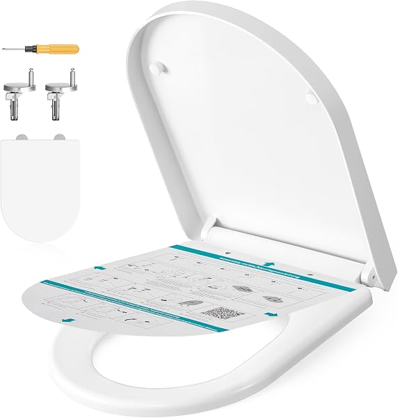 SONGMICS BTL003WZ01 Extended D Shape Toilet Seat with Drop Brake, Handle, Clipsable, Universal Toilet Seat, Easy Installation, PP Plastic Seat, Capacity 300 kg, White - 1