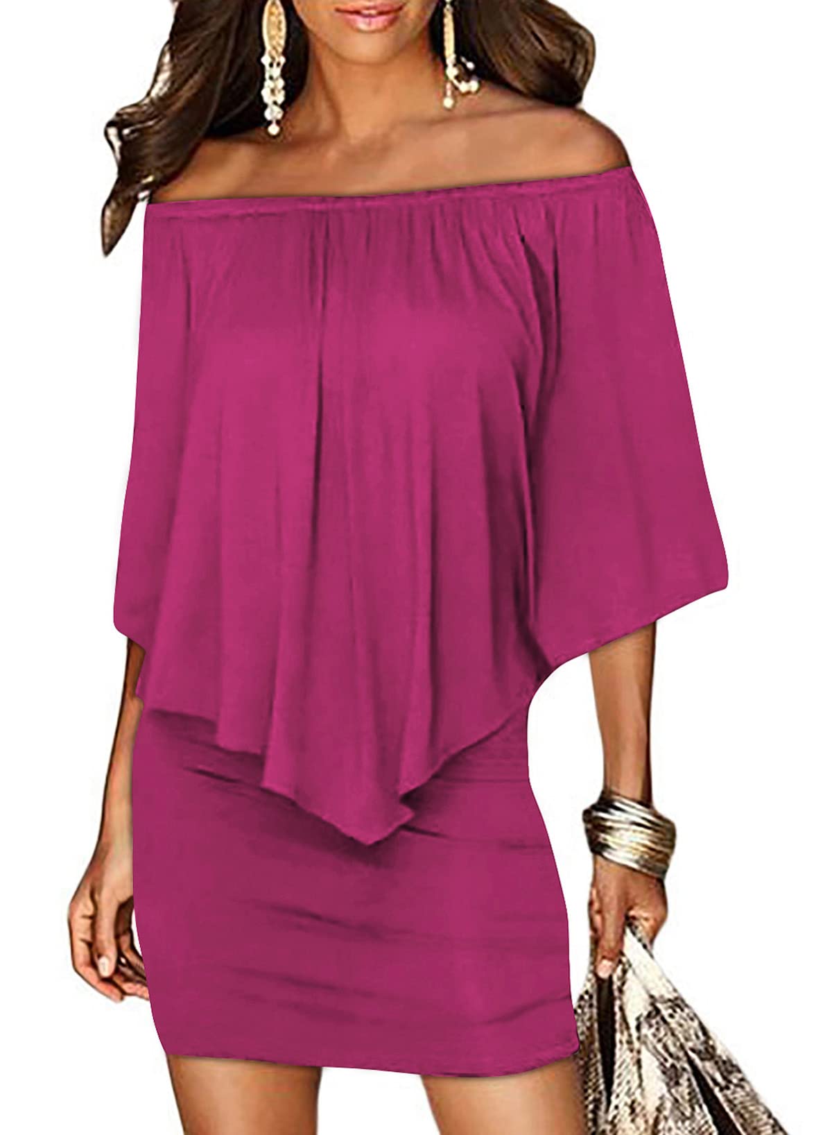 Sidefeel Women's Dresses Off Shoulder Ruffles Night Club Bodycon Mini Dress