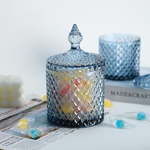 Miniatura 4 de Sizikato Tarro de cristal facetado de diamante con tapa, tarro decorativo azul de 18 onzas, tarro de nuez, frasco de almacenamiento de frutas secas.