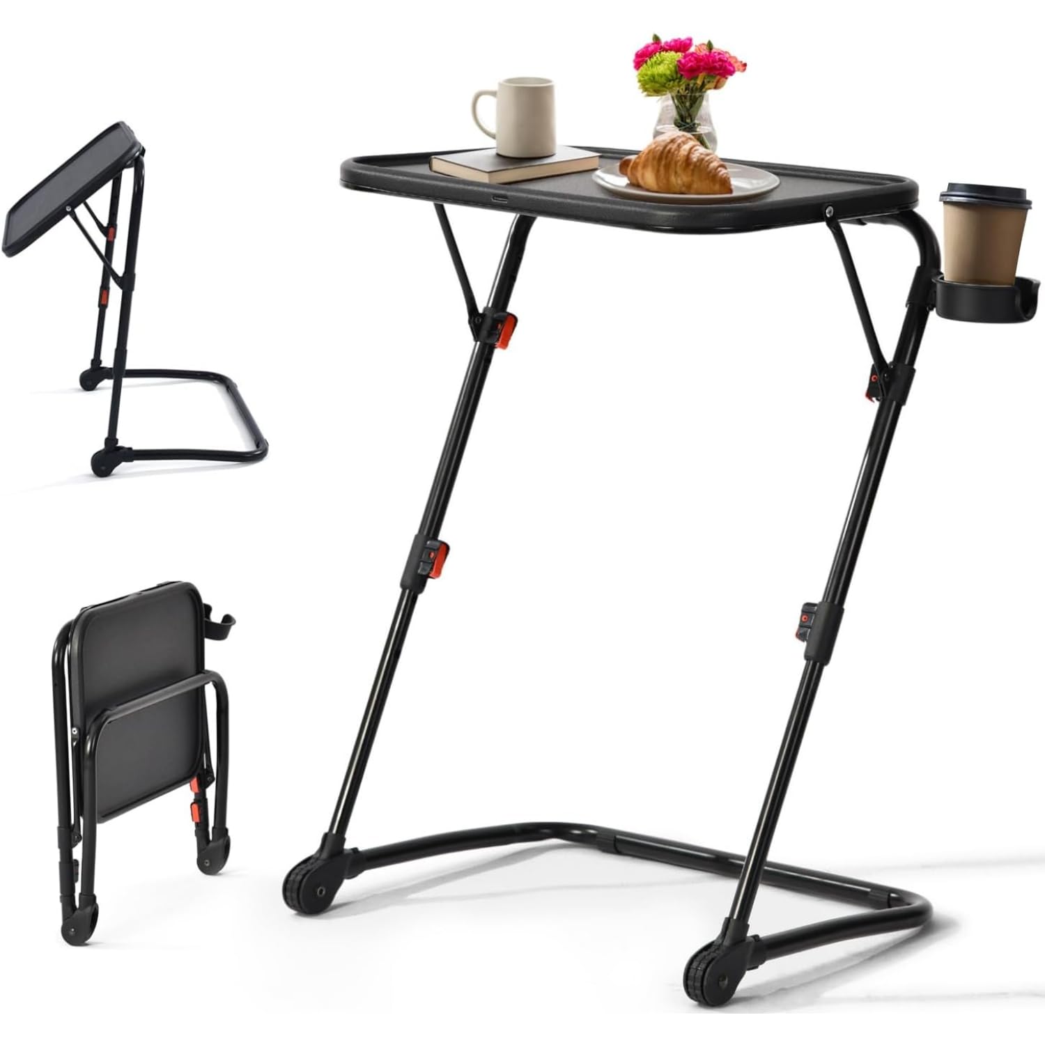 HOMYLIN Plateau TV réglable avec 4 hauteurs et 3 Angles d'inclinaison, Plateau de dîner, Table de collation avec Porte-gobelet pour lit et canapé, Pas de Montage nécessaire, Noir