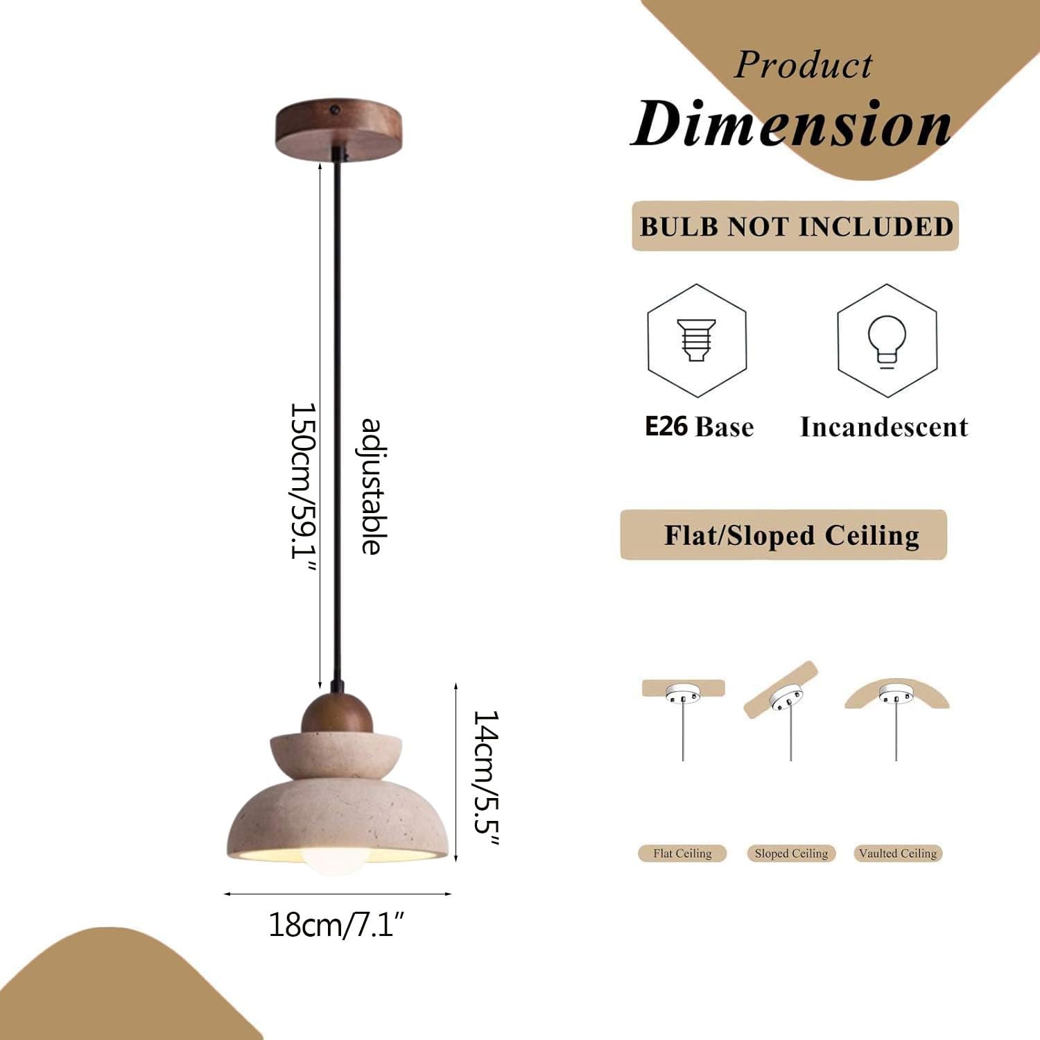 Generico Lampada Da Soffitto In Legno Di Travertino Naturale 7,1 Pollici Wabi Per Sala Pranzo, Cucina, Corridoio 'isola