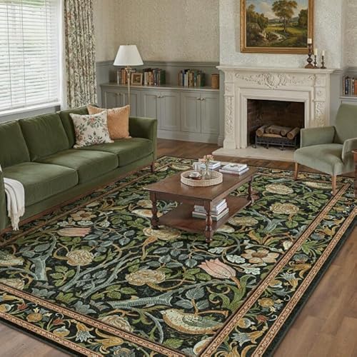 Floral 6x9 Area Rugs for Living Room Black Machine Washable Large Rug Non-Slip Stain Resistant Low Pile Boho Accent Indoor Throw Carpet for Bedroom Di