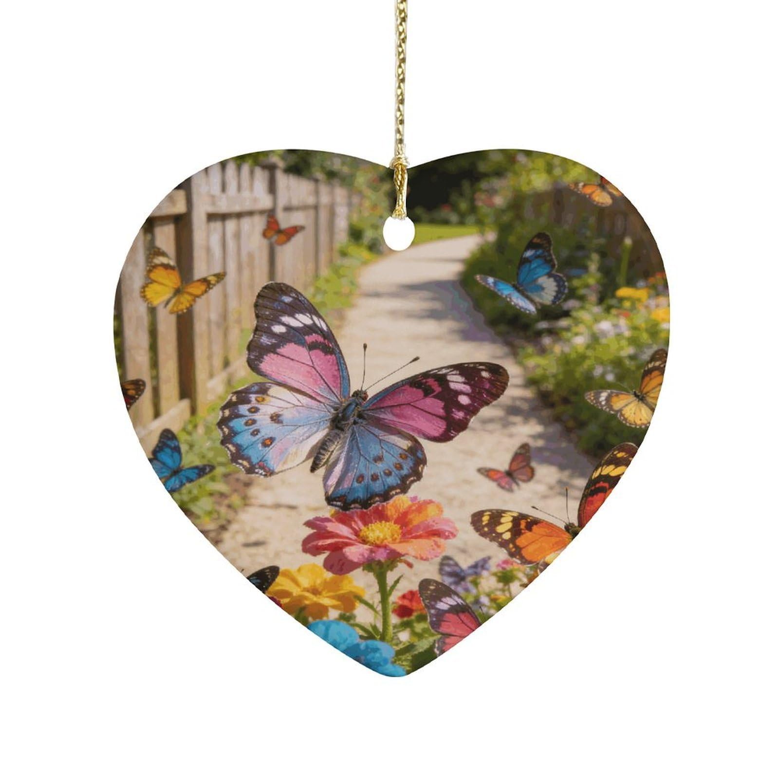 Khauerbc Style Butterfly Dance Along The Flower Pathheart Shaped Ceramic Ornament With String,Ceramic Ornament,Two-Sided Printed For Christmas Tree And Holiday Decoration