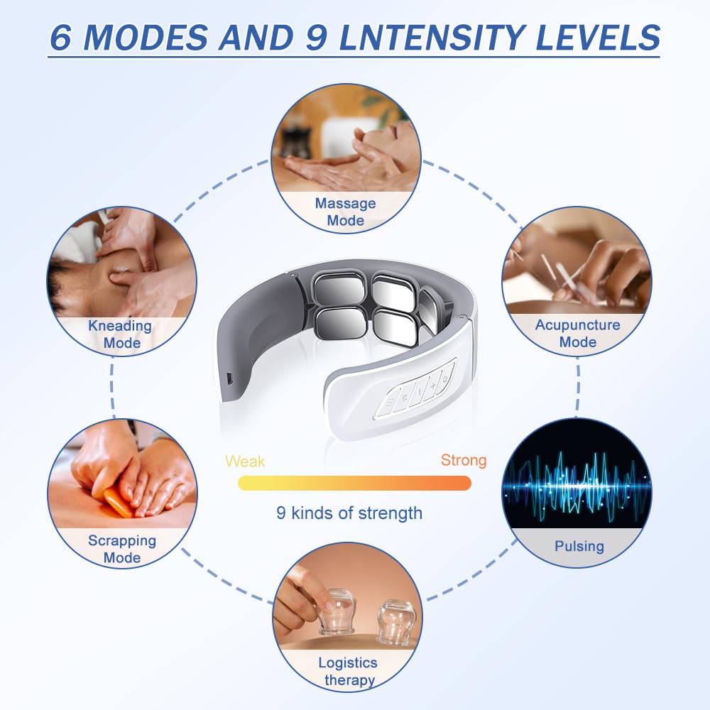 Masseur Cervical, Massage Cou Portable 6 Têtes avec Thérapie Thermique à 42°C, 6 Modes de d'Impulsion 9 Intensités Accueil Masseur pour Bureau et Maison, Voyage