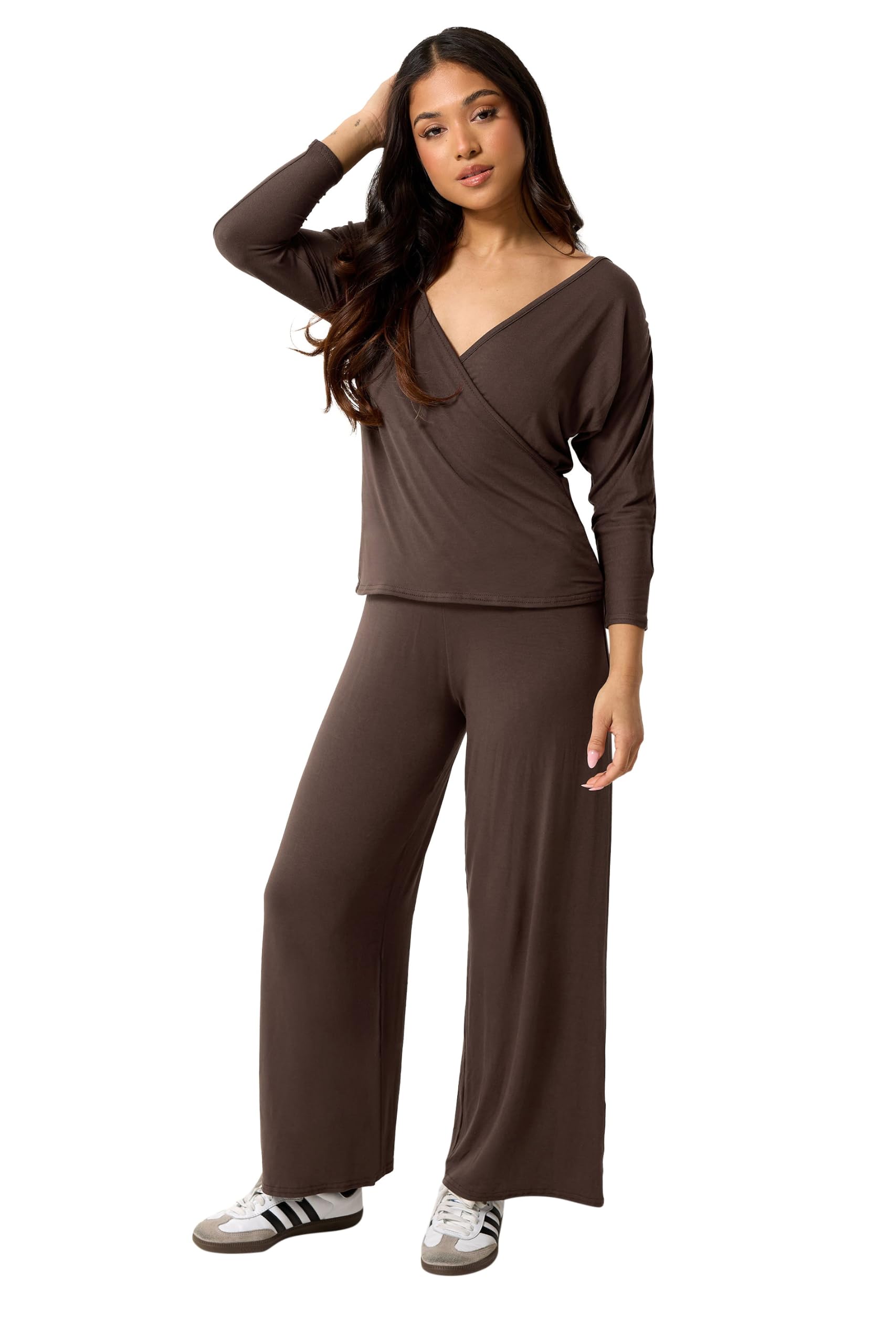 Pixiegirl Women's Chocolate Petite Brown Wrap Top Petite