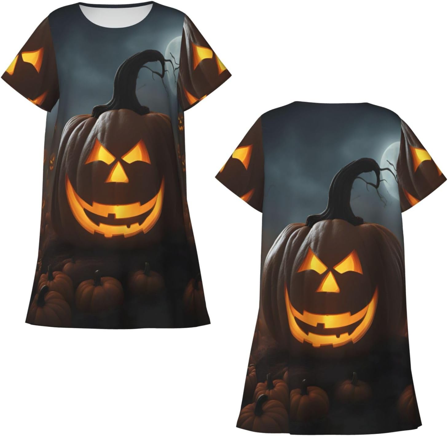 Halloween Ghost Pumpkin Print Women’s Short Nightgown,Knee-Length Sleepshirt For Summer,A-Shape Ladies Sleepwear