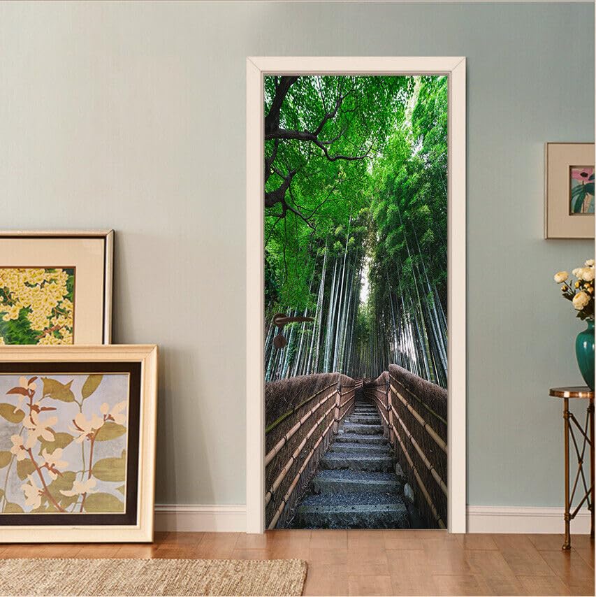 FLFK Peel and Stick Door Sticker 85x215cm-3D Path in a Forest of Bamboo Self-Adhesive Door Mural Poster Photo Wallpaper for Bedroom Office Decor(2Pcs/Set)