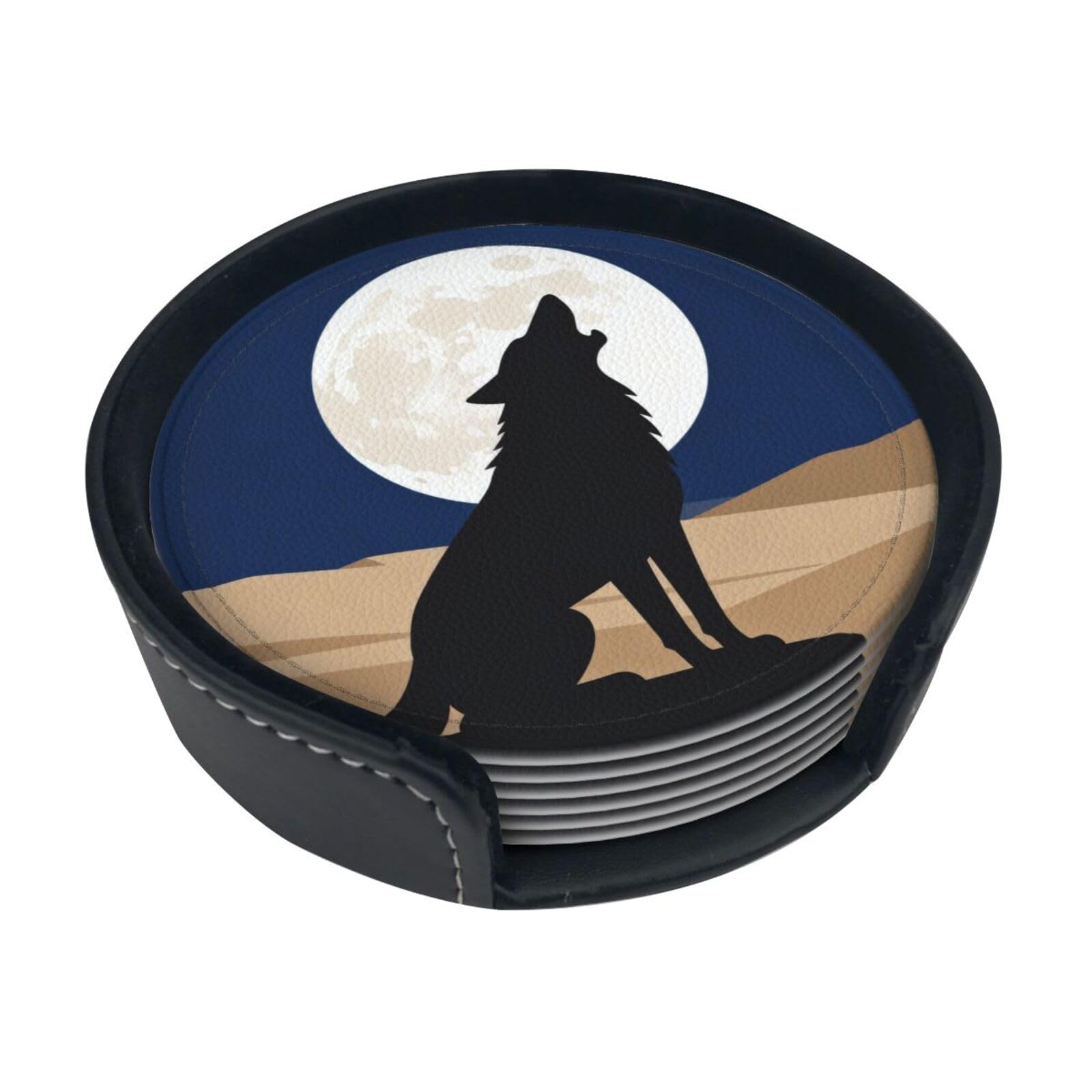 Cntdbu White Mysterious Lone Wolf Leather Coasters Set Of 6-Pu Leather Drink Mats For Table, Heat Resistant Round Coasters With Holder