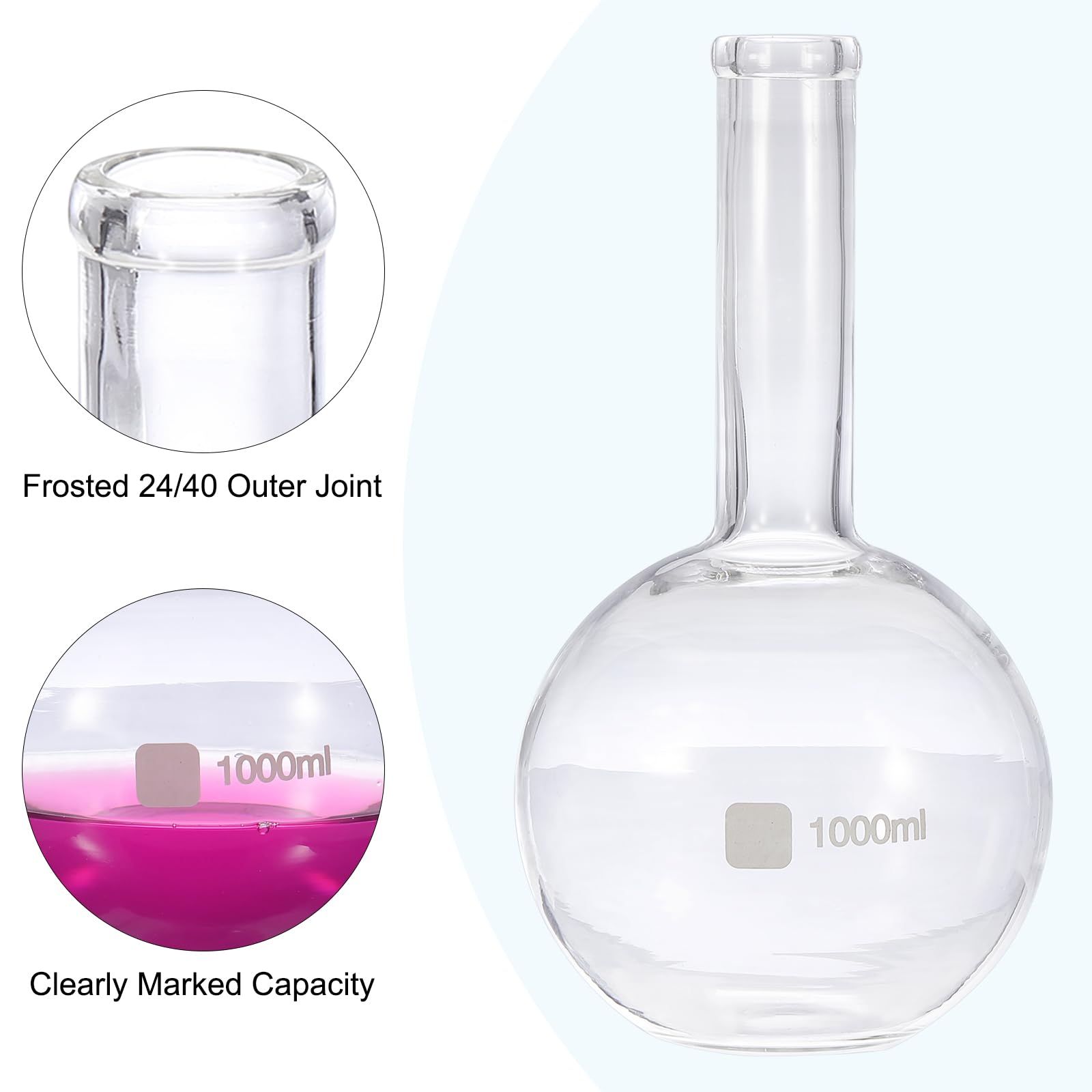 PATIKIL Matraz De Ebullición De 1000ml 4Pcs Matraz De Vidrio Borosilicato 3.3 De Un Solo Cuello Fondo Plano Pared Gruesa Con Junta Cónica Estándar 24/40 Para Laboratorio Transparente