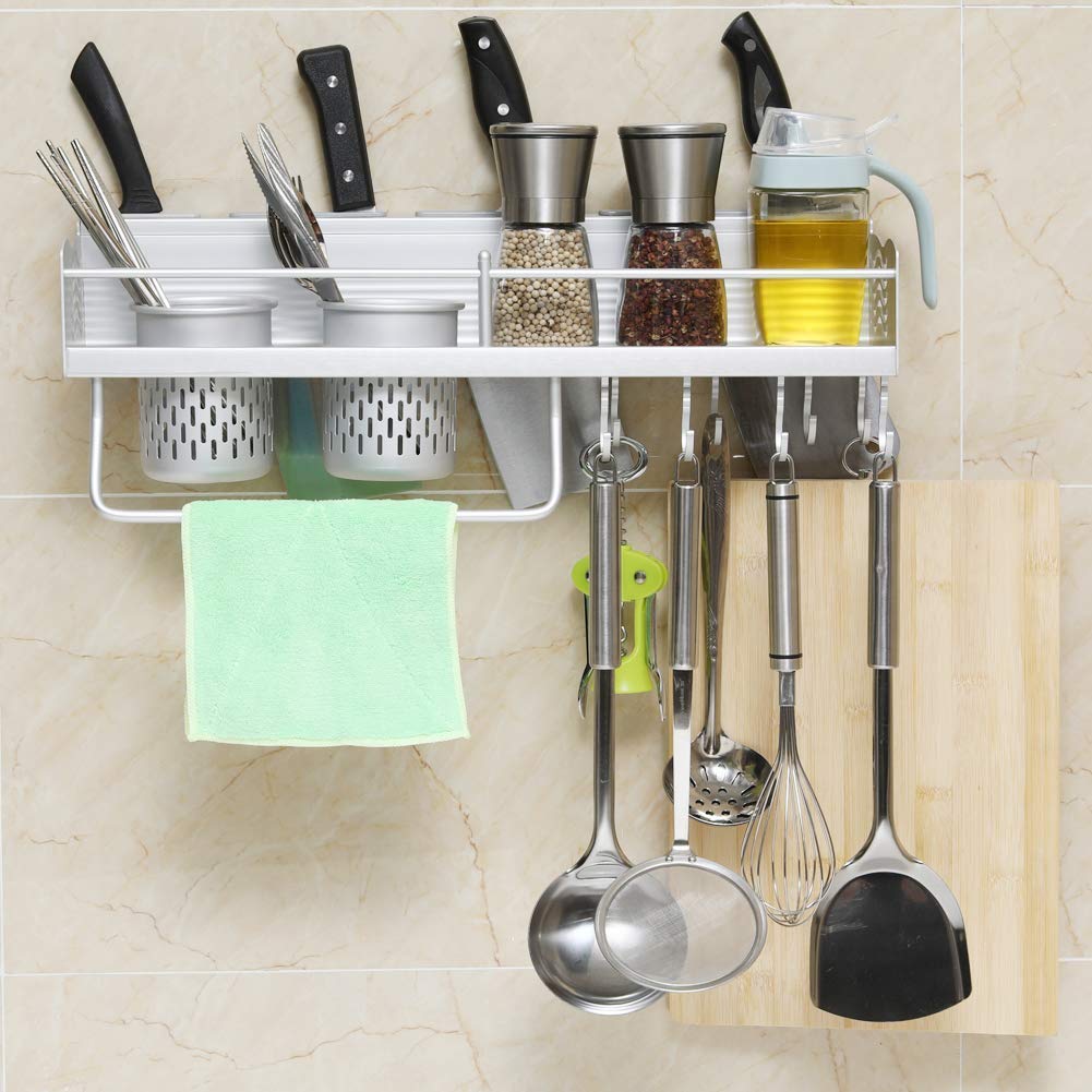 Ohne Bohren Küchenregal Messerschlitze mit 2 Becherhalter, Raum Aluminium Wand-Küche Lagerung Gewürzregale mit 8 Haken