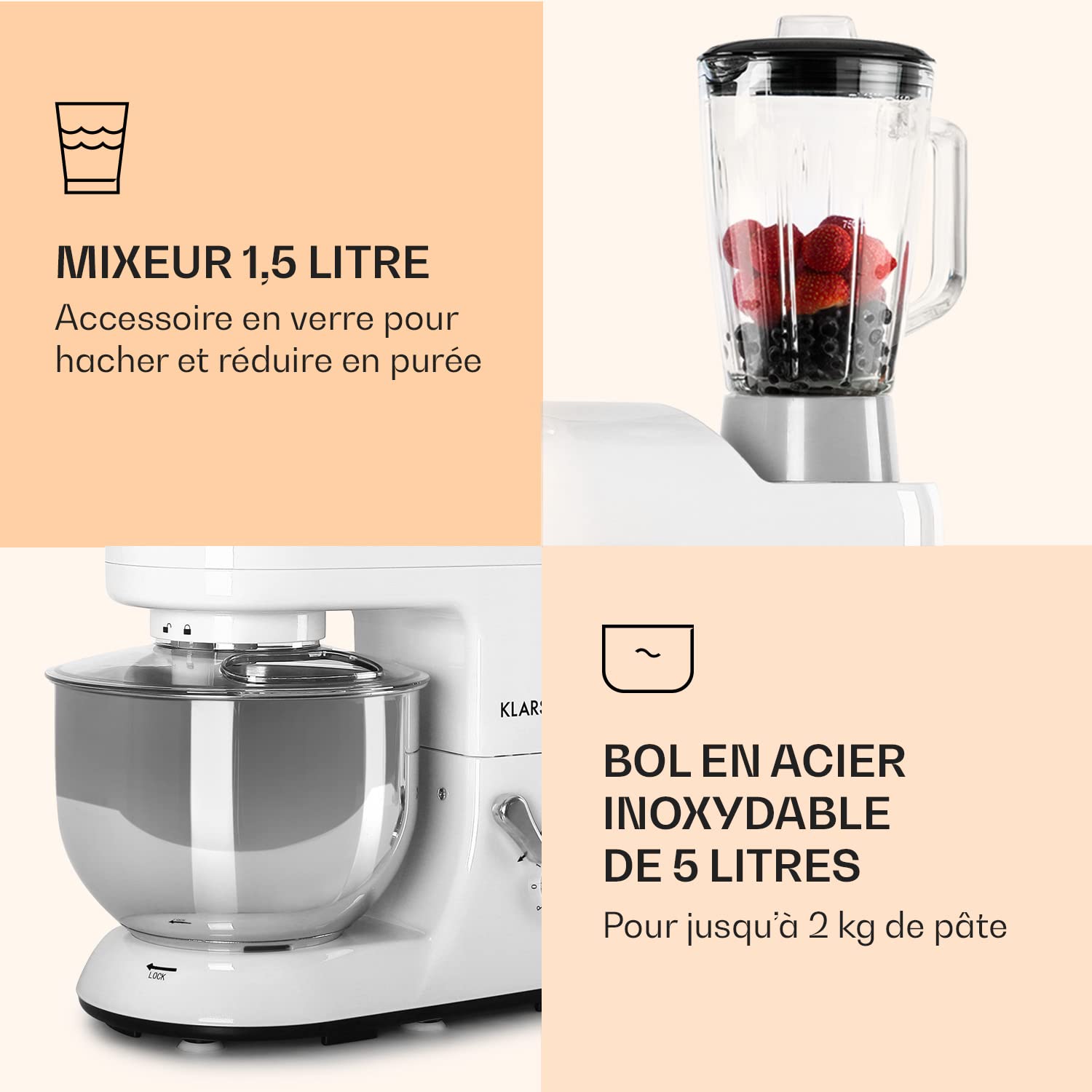 Klarstein Robot Patissier Multifonctions, Batteur sur Socle, Bol 5L, Robot Cuisine 1800W, Blender 1.5L, Multifonction Petrin Boulangerie, Hachoir à Viande, Batteur Electrique Cuisine, 6 Vitesses