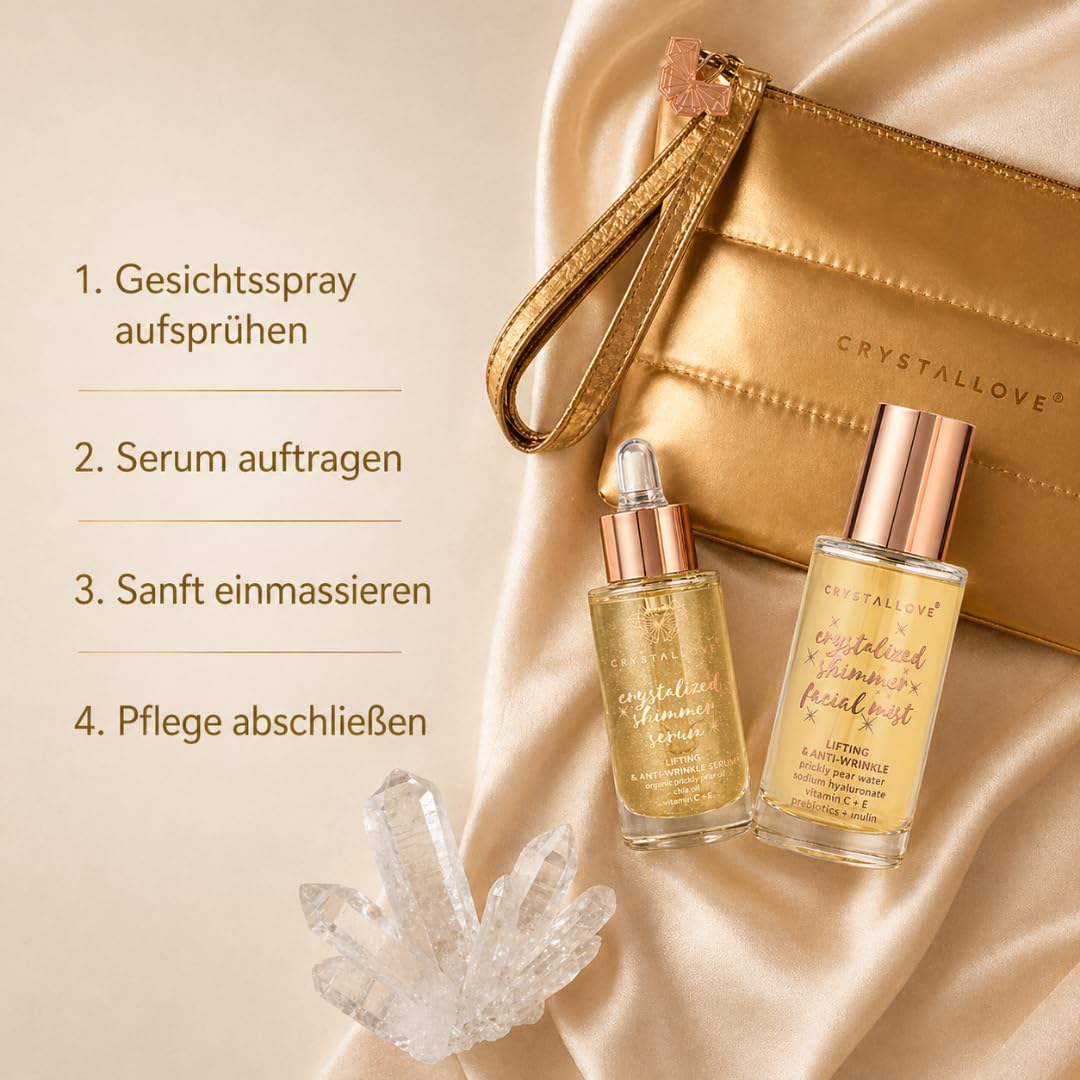 CRYSTALLOVE Clear Quartz Skincare Duo – Gesichtsserum 30 ml & Face Mist 100 ml mit Bergkristall inkl. Kosmetiktasche – Hautpflege Set für Glow, Feuchtigkeit & Frische – Geschenkset