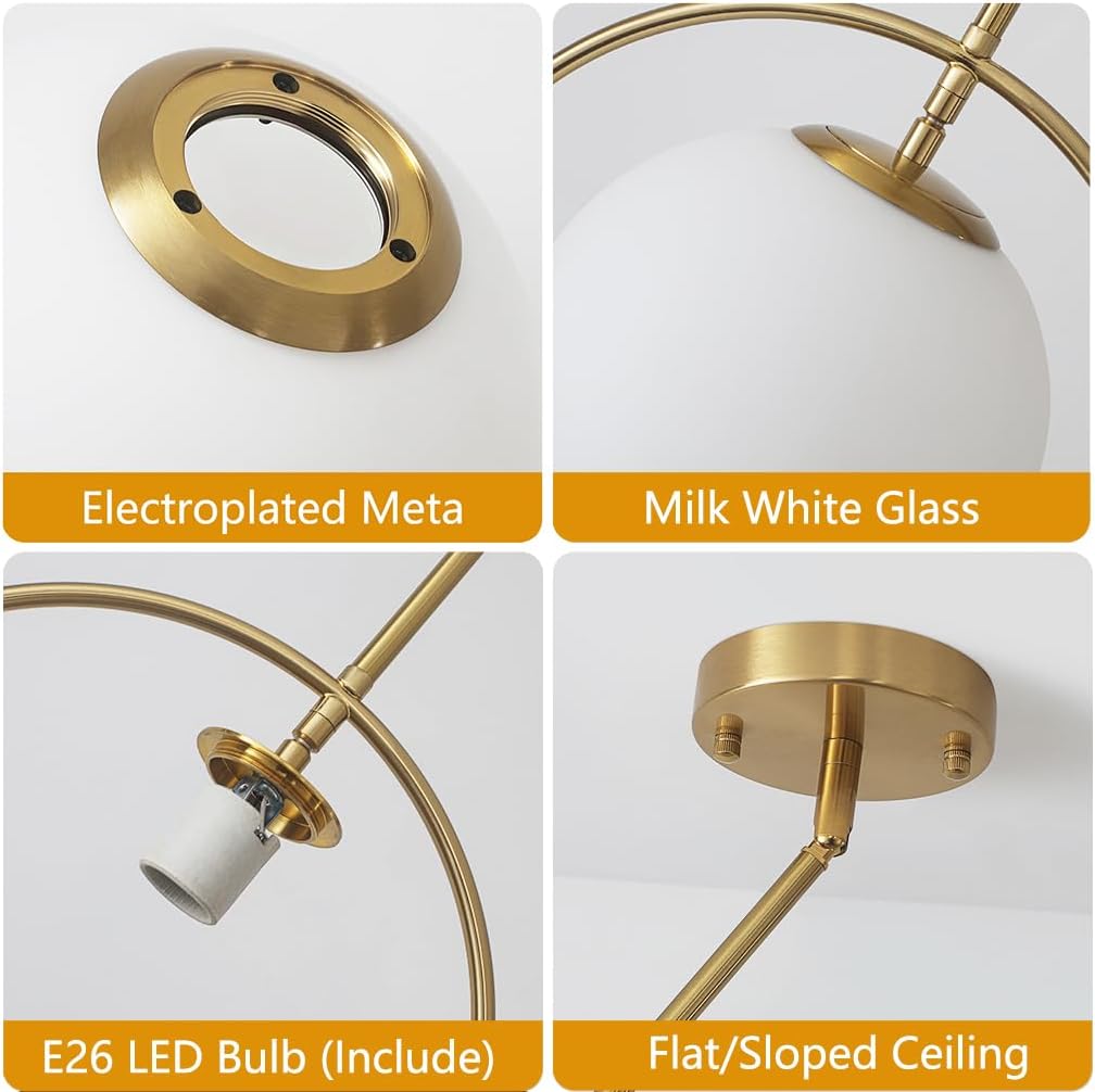 Gold Pendant Light for Kitchen Island, Brass Globe Pendant Light Fixtures,Mid Century Hanging Light Fixtures, Large Lighting with Adjustable Height for Dinning Room