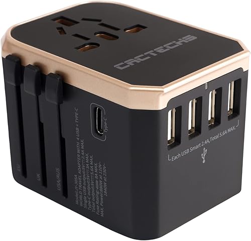 Adaptador de viaje universal internacional en todo el mundo 4 USB 1 Tipo C Cargador de viaje, UE Reino Unido Adaptador de enchufe de viaje europeo