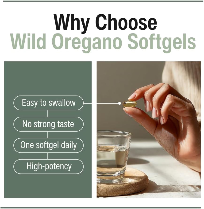 Vegan Wild Oregano Oil Organic Capsules, 86-90% Carvacrol - Immune and Digestive Support, Natural Antioxidant, Vegan, Non GMO,Herbal Supplement - 60 Capsules (60 softgels/1 pakg)
