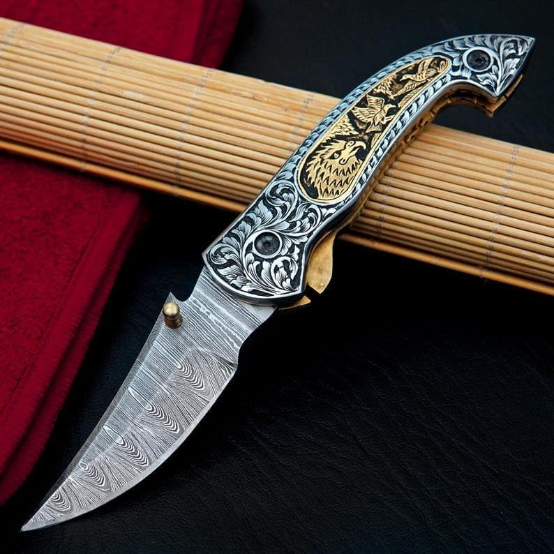 Custom Handmade Damascus Steel Camping Knife, Hand Engraved, Artistic Folding Knife, Best For Gifts, Gift for Him/Her, Premium Engraved Leather Sheath