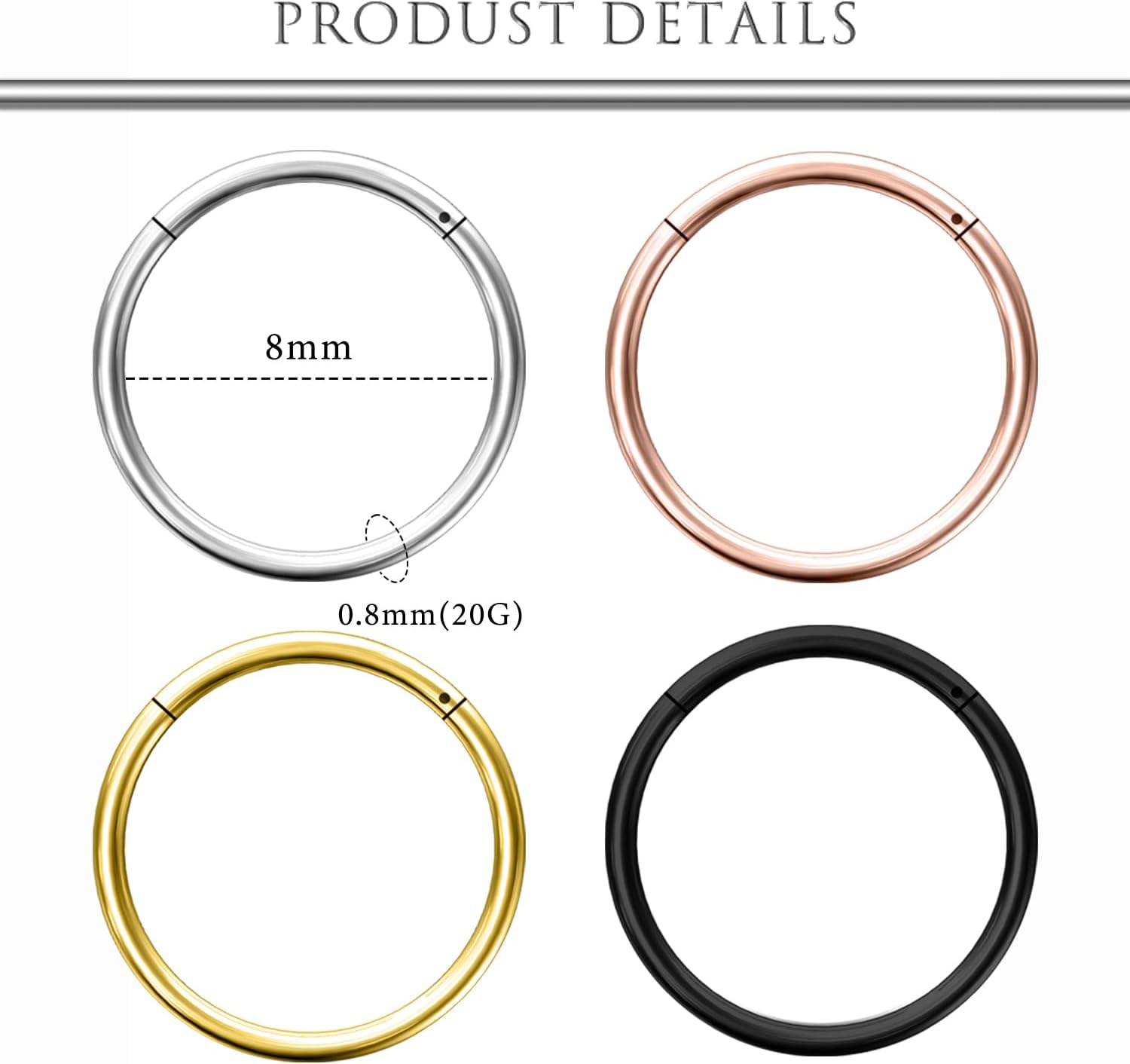 Hoeudjo Surgical Steel Hinged Nose Rings Hoop for Women Men 20G Nostril Septum Jewelry Helix Daith Tragus Rook Conch Cartilage Ear Lobe Piercings Earrings - Image 2