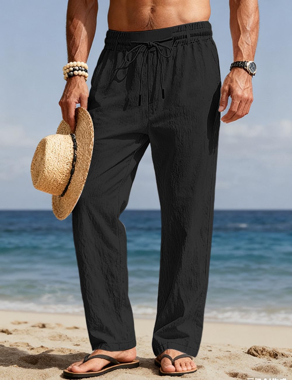 Men's Casual Linen Pants Elastic Waist Drawstring Summer Beach Lightweight Trouser with Pockets