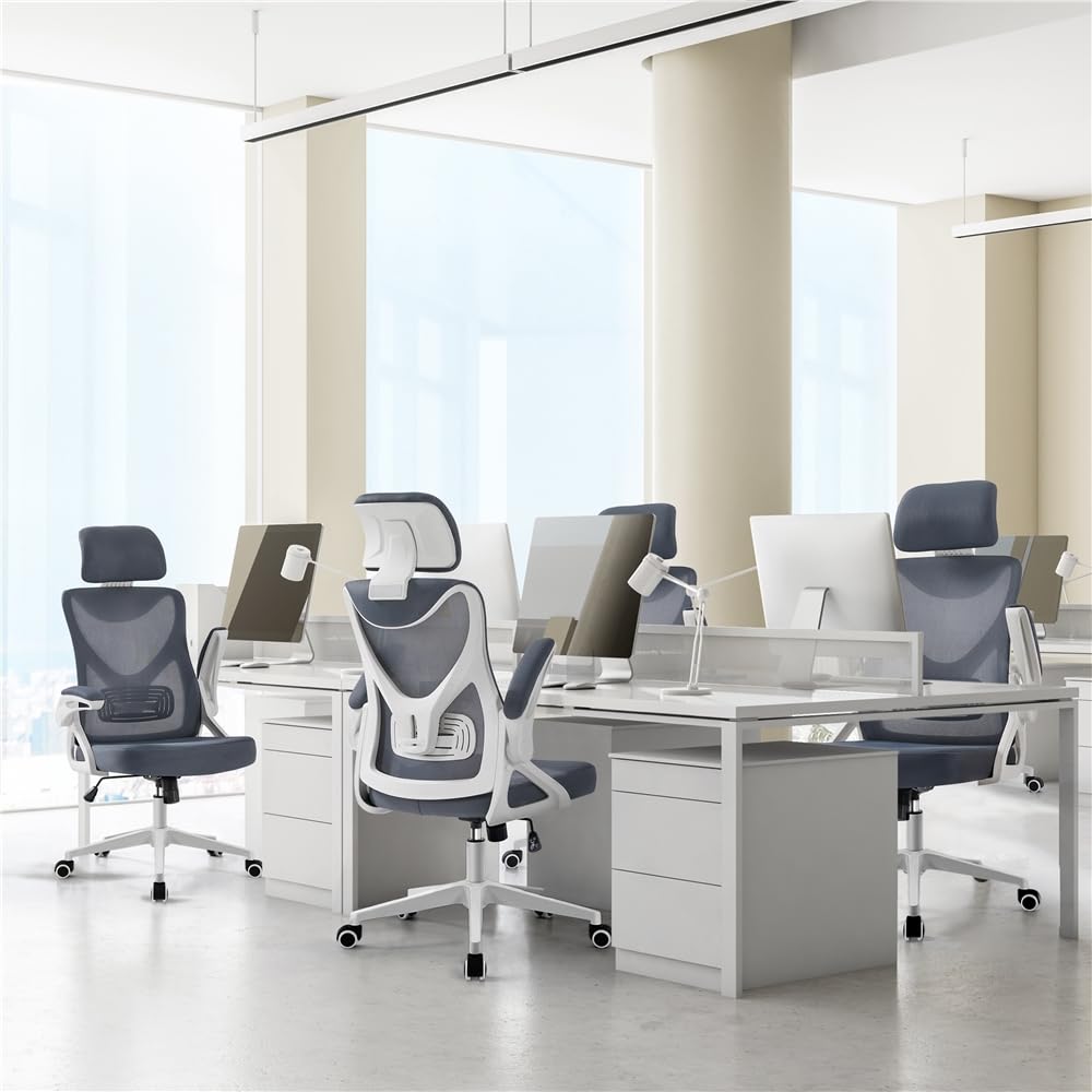 Yaheetech Silla de Oficina Ergonomica con Soporte Lumbar Blanco Gris | Reposabrazo Reposacabeza Ajustable, Base Giratoria de 70 cm, Malla Transpirable, Capacidad Max 150KG