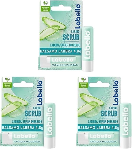 Labello Scrub Idratante Aloe Vera 4.8 g, Scrub Labbra con particelle esfolianti, aloe vera bio e vitamina E, Scrub labbra esfoliante senza oli minerali e microplastiche (Confezione da 3)