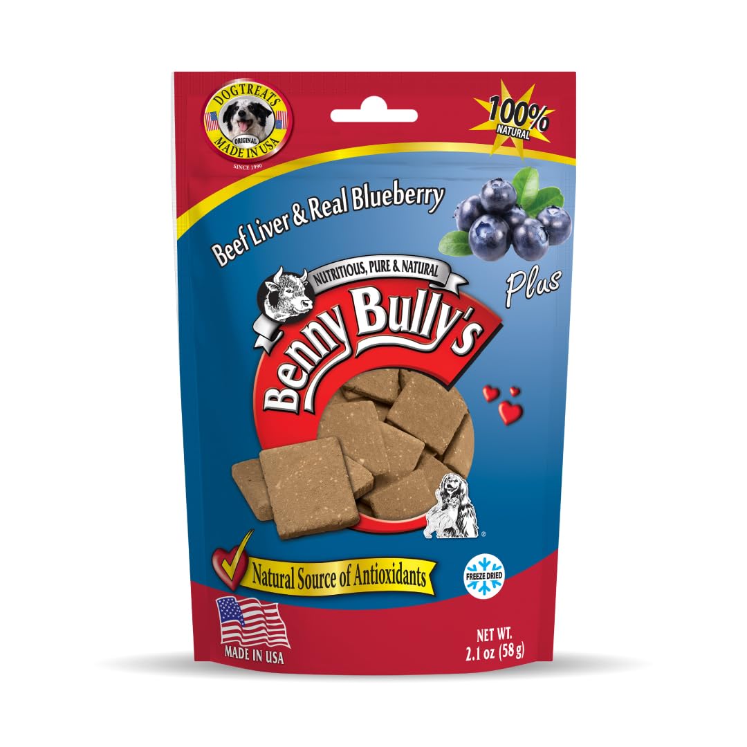 Benny Bullys Beef Liver Plus Blueberry, Freeze Dried Dog Treats, High Protein, Low Fat, Nutrient Rich, Supports Immune Health, Healthy Snack for Dogs - 58g (Medium)