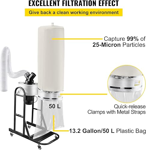 Miniatura 5 de VEVOR Colector de polvo de 1.5 HP, colector de polvo de vórtice portátil de 647 CFM, colector de polvo para carpintería con bolsa de recolección de