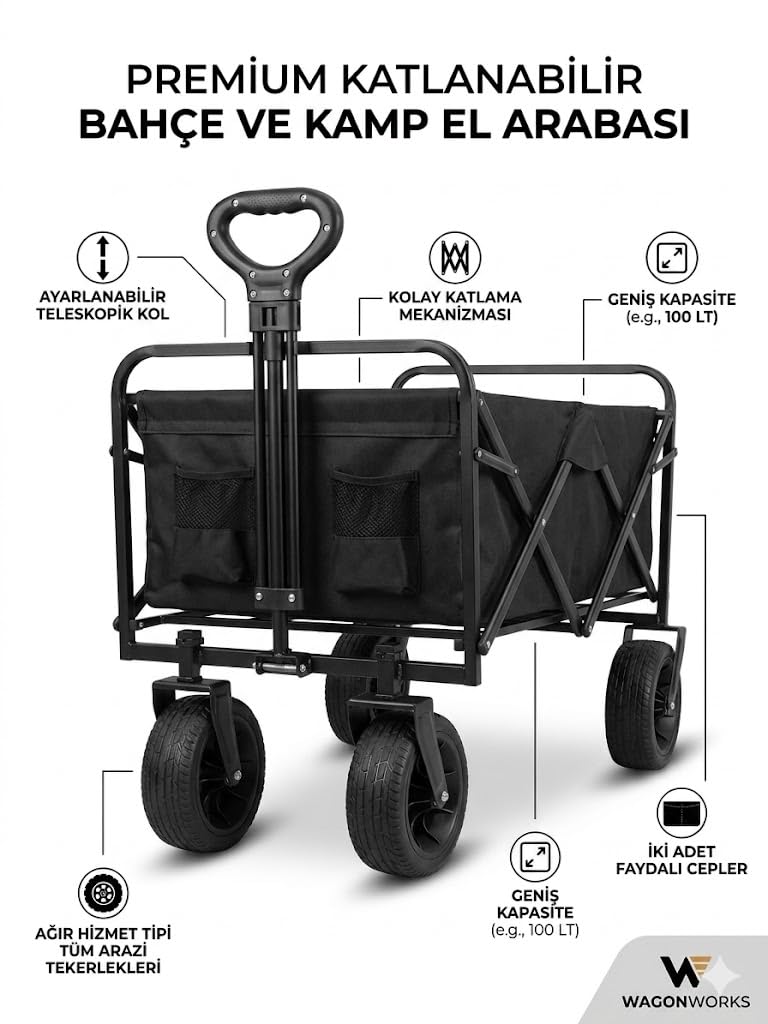 Hannah Katlanabilir El Arabası Wagon 100L | Ağır Hizmet Tekerlekli, Ergonomik Saplı, Çok Amaçlı Cepli | Kamp Plaj Alışveriş Bahçe Oxford Su Geçirmez Kumaş