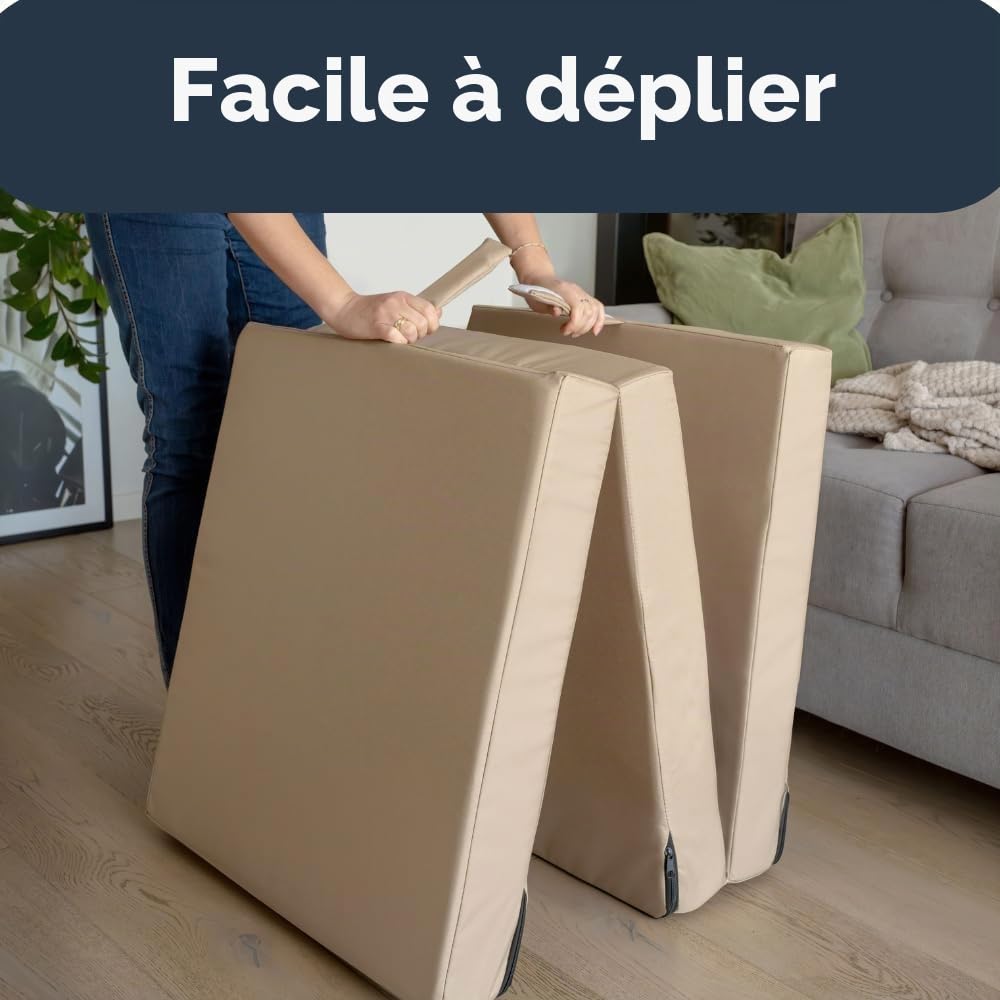 Matelas imperméable Pliable 3 pièces, Matelas de Camping, Matelas d'invités, Matelas de Sol, Matelas de Voyage, 60 x 200 x 10 cm (Beige)