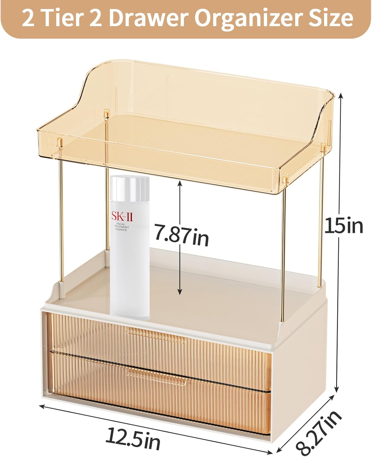 Shuang Qing 2-Tier 2-Drawer Bathroom Countertop Organizer - Multi-Purpose Makeup Storage Rack for Vanity, Cosmetic Counter Organizer (Gold)