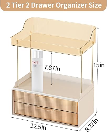 Miniatura 5 de shuang qing Organizador de encimera de baño de 2 niveles y 2 cajones, organizador grande para el cuidado de la piel, estante de almacenamiento de