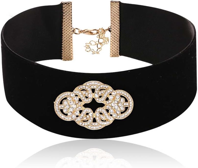 Osye Choker Necklaces- 90s Elegant Gothic Velvet Collar Necklace Embedded Crystal Band with Gold Chain Closure (Black)