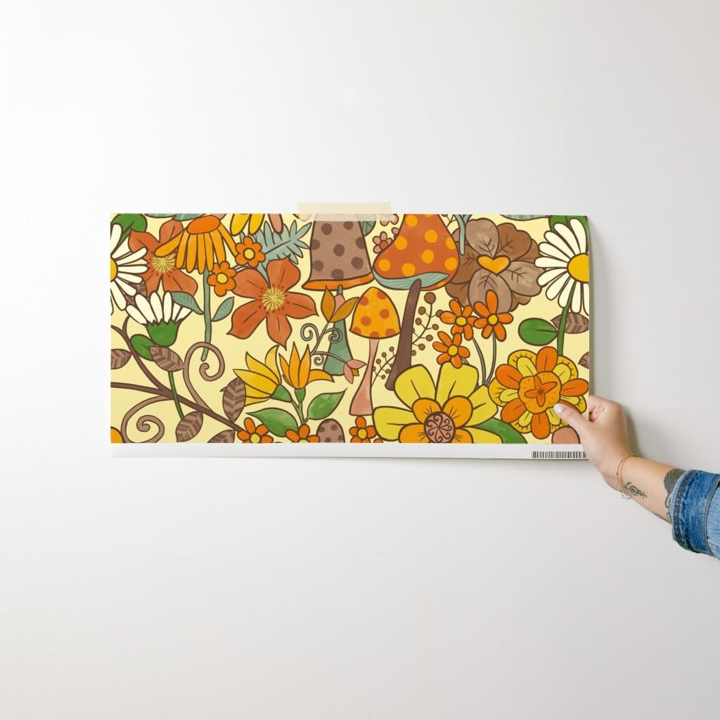 Spoonflower Peel & Stick Wallpaper Swatch - Flowers Vintage Mushrooms Groovy Flower Power Earth Tones Custom Removable Wallpaper