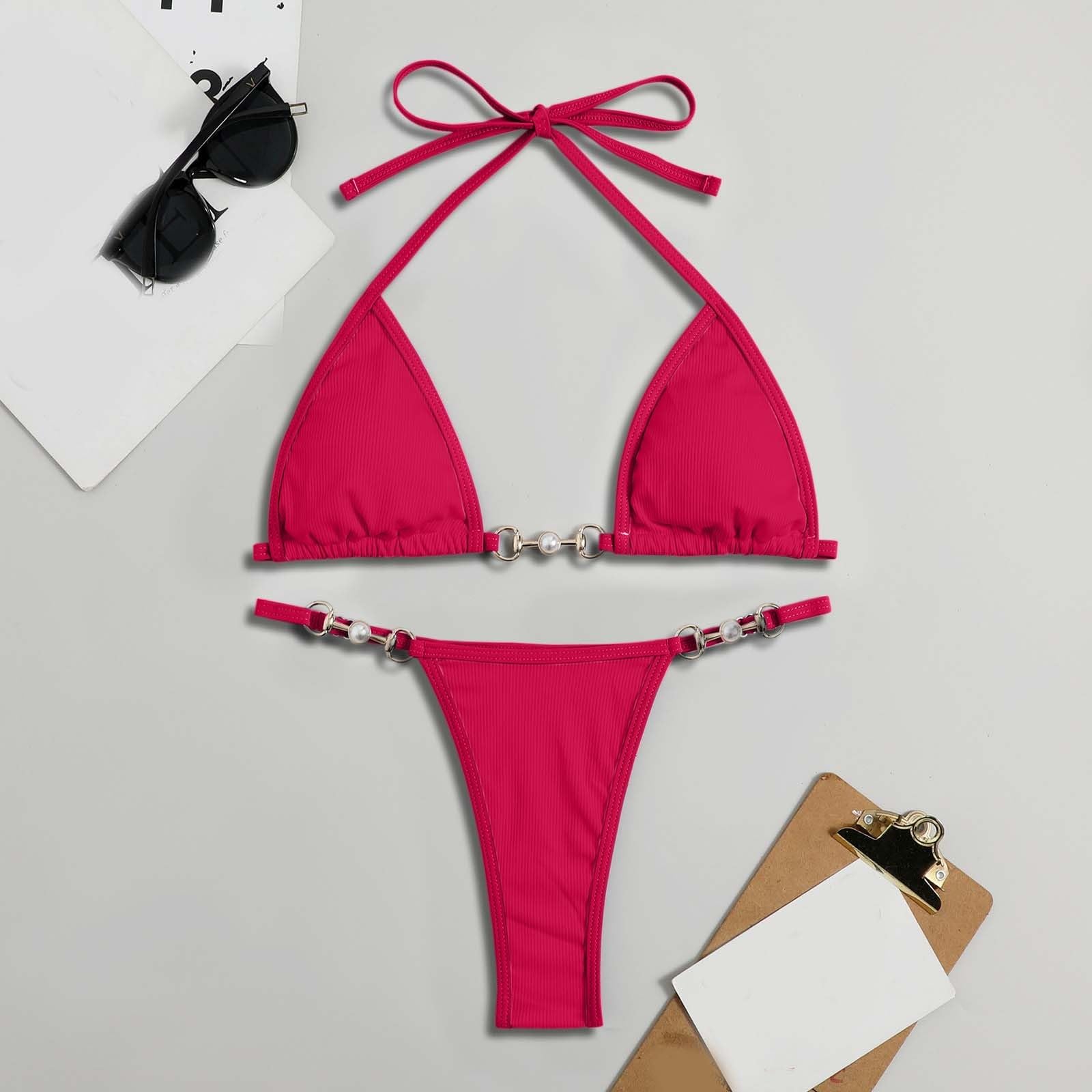Generisch Bikini da donna, costume da bagno, costume da bagno a due pezzi, tinta unita, multicolore, con imbottiture per il petto rimovibili, senza ferretto
